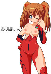 Rule 34 | 1girl, blue eyes, blush, bodypaint, breasts, cleft of venus, clenched hands, copyright name, false clothes, hair between eyes, hair ornament, hand on own hip, long hair, looking at viewer, naked paint, neon genesis evangelion, nipples, nude, one eye closed, orange hair, painted clothes, plugsuit, pussy, red hair, shishimaru ken&#039;ya, simple background, smile, solo, souryuu asuka langley, standing, twintails, uncensored, white background, wink