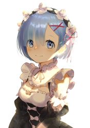 Rule 34 | 1girl, black ribbon, blue eyes, blue hair, blush, breasts, cleavage, closed mouth, commentary request, detached sleeves, dress, flower knot, frilled sleeves, frills, hair ornament, hair over one eye, hair ribbon, highres, jitter k, looking at viewer, maid, maid headdress, medium breasts, pink ribbon, re:zero kara hajimeru isekai seikatsu, rem (re:zero), ribbon, ribbon trim, roswaal mansion maid uniform, short hair, simple background, smile, solo, upper body, white background, x hair ornament