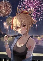 Rule 34 | 1girl, absurdres, alternate costume, bandaged arm, bandages, bare shoulders, blonde hair, blush, breasts, camisole, casual, cleavage, commentary request, contemporary, fakey, fireworks, genshin impact, grin, hand up, highres, holding, large breasts, looking at viewer, night, night sky, off shoulder, outdoors, ponytail, short hair, shoulder tattoo, sky, smile, solo, spaghetti strap, tattoo, upper body, yellow eyes, yoimiya (genshin impact)