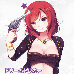 Rule 34 | 10s, 1girl, bandeau, bracelet, breasts, cleavage, collarbone, copyright name, derivative work, dream trigger, euforia, finger on trigger, gun, gun to head, head tilt, holding, holding gun, holding weapon, jewelry, looking at viewer, love live!, love live! school idol project, lowres, navel, nishikino maki, photo-referenced, pile (voice actor), purple eyes, red hair, short hair, skirt, solo, strapless, tube top, voice actor connection, weapon