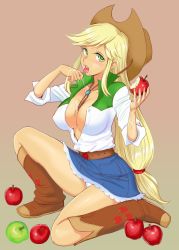 Rule 34 | 1girl, apple, applejack, belt, between breasts, blonde hair, blush, boots, breasts, buttons, cleavage, covered erect nipples, eating, eyebrows, female focus, food, food print, freckles, fruit, full body, gradient background, green eyes, hat, highres, holding, holding food, huge breasts, kamitsuki manmaru, knee boots, kneeling, leather, leather boots, licking, long hair, looking at viewer, low-tied long hair, miniskirt, my little pony, my little pony: equestria girls, my little pony: friendship is magic, open clothes, open mouth, open shirt, panties, pantyshot, personification, saliva, sexually suggestive, shirt, skirt, solo, stitches, swept bangs, teeth, tongue, tongue out, unbuttoned, underwear, very long hair, white panties