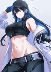 Rule 34 | 1girl, arm up, armband, bare shoulders, baseball cap, belt, black belt, black gloves, black hair, black hat, black pants, black shirt, blue archive, blue eyes, blue hair, breasts, buckle, chest harness, coat, colored inner hair, commentary request, cowboy shot, crop top, frown, gloves, groin, halo, harness, hat, highres, large breasts, long hair, long sleeves, looking at viewer, makiri akira, midriff, multicolored hair, navel, no mask, off shoulder, pants, saori (blue archive), shirt, simple background, sleeveless, sleeveless shirt, snap-fit buckle, solo, standing, taut clothes, taut shirt, two-tone hair, underbust, white background, white coat