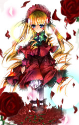 Rule 34 | 00s, 1girl, aquamarine, blonde hair, blunt bangs, bonnet, bow, bowtie, dress, drill hair, frills, green bow, green bowtie, green eyes, long sleeves, looking at viewer, red dress, rozen maiden, shinku, sidelocks, simple background, solo, twin drills, twintails, white background