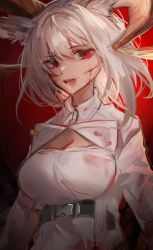 Rule 34 | 1girl, absurdres, animal ears, arknights, blood, blood on clothes, blood on face, breasts, carnelian (arknights), cleavage, dark-skinned female, dark skin, female focus, goat ears, goat girl, goat horns, gradient background, highres, horns, injury, jacket, kaguura (kagu), large breasts, long sleeves, looking back, open clothes, open jacket, open mouth, red background, red hair, shirt, short hair, solo, underbust, upper body, white hair, white jacket, white shirt