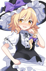 Rule 34 | 1girl, alternate hair length, alternate hairstyle, apron, arm up, black hat, blonde hair, blush, bow, braid, breasts, commentary request, e.o., eyelashes, frilled apron, frilled sleeves, frills, hair between eyes, hair ribbon, hand on own face, hand on own hip, hat, hat bow, hat ribbon, highres, kirisame marisa, open mouth, puffy short sleeves, puffy sleeves, purple ribbon, ribbon, shirt, short hair, short sleeves, simple background, single braid, small breasts, solo, standing, touhou, tress ribbon, waist apron, white apron, white background, white bow, white ribbon, white shirt, witch hat