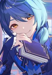 Rule 34 | 1boy, alternate costume, androgynous, artist name, blue hair, book, bow, bowtie, clothes, eun yelim, formal, genshin impact, highres, long sleeves, ponytail, side ponytail, smile, suit, twitter username, xingqiu (bamboo rain) (genshin impact), xingqiu (genshin impact), yellow eyes