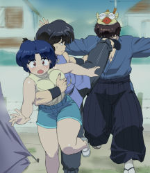 Rule 34 | 1girl, animal, black hair, blush, breasts, brown eyes, chinese clothes, closed mouth, embarrassed, grabbing, grabbing another&#039;s breast, highres, japanese clothes, kicking, kunou tatewaki, large breasts, legs, looking at viewer, mage (harumagedon), open mouth, outdoors, ranma 1/2, saotome ranma, shoes, shorts, sleeveless, standing, surprised, tangzhuang, tendou akane, thighs, turtleneck