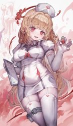 Rule 34 | 1girl, blonde hair, blood, blood halo, breasts, dark halo, elbow gloves, garter straps, gloves, halo, hat, highres, holding, holding pill, liquid halo, long hair, looking at viewer, medium breasts, melting halo, nurse, nurse cap, open mouth, original, pill, puffy short sleeves, puffy sleeves, red eyes, short sleeves, skindentation, smile, solo, teeth, thighhighs, thighs, upper teeth only, voruvoru, white gloves, white hat, white thighhighs
