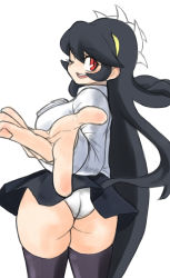 Rule 34 | 1girl, ass, black hair, breast pocket, cowboy shot, filia (skullgirls), highres, long hair, one eye closed, open mouth, outstretched hand, pleated skirt, pocket, red eyes, samson (skullgirls), school uniform, skirt, skullgirls, smile, solo, thick thighs, thighhighs, thighs, toshinoshin, wedgie, white background
