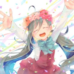 Rule 34 | 1girl, ahoge, bow, bowtie, colis, commentary request, confetti, closed eyes, grey hair, hair between eyes, hair bun, halterneck, head wreath, kantai collection, kiyoshimo (kancolle), long hair, low twintails, open mouth, outstretched arms, round teeth, school uniform, shirt, single hair bun, smile, solo, teeth, twintails, upper teeth only, very long hair, white background, white shirt