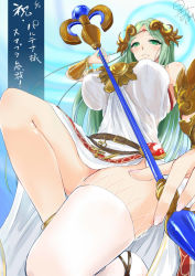 Rule 34 | 1girl, bare shoulders, belt, breasts, from below, green eyes, green hair, jewelry, kid icarus, kid icarus uprising, kurokawa otogi, large breasts, long hair, lots of jewelry, matching hair/eyes, nintendo, otogi (s in w), palutena, single thighhigh, smile, solo, staff, text focus, thighhighs, tiara, translation request, white thighhighs