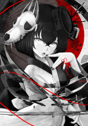 Rule 34 | 1girl, absurdres, bow, branch, commentary request, finger to mouth, hair between eyes, hand up, hat, hat bow, highres, japanese clothes, kimono, long sleeves, looking at viewer, mask, mask on head, monochrome, nail polish, open mouth, original, short hair, skull mask, solo, spot color, teeth, temari rin, tilted headwear, upper teeth only, wide sleeves