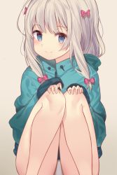 Rule 34 | 10s, 1girl, bad id, bad pixiv id, blue eyes, blush, bow, c:, closed mouth, eromanga sensei, grey background, grey hair, hair bow, hands on own knees, hands up, izumi sagiri, knees up, long hair, looking at viewer, melang b, panties, pantyshot, purple bow, simple background, sleeves past wrists, smile, solo, squatting, thighs, underwear, white panties