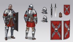 Rule 34 | 1boy, armor, bald, breastplate, concept art, faulds, full armor, full body, gauntlets, gradient background, greaves, helmet, holding, holding shield, knight, looking at viewer, male focus, multiple views, original, pauldrons, roman numeral, sam kim, sheath, sheathed, shield, shoulder armor, standing, sword, unsheathed, weapon