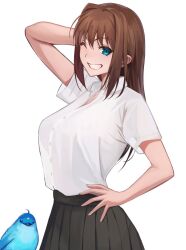 Rule 34 | 1girl, animal, aozaki aoko, bird, blue bird, blue eyes, breasts, brown hair, collared shirt, fate/grand order, fate (series), genshu doki, hair intakes, hand on own head, hand on own hip, highres, large breasts, long hair, looking at viewer, lost robin rondo, mahou tsukai no yoru, one eye closed, see-through silhouette, shirt, simple background, skirt, smile, white background