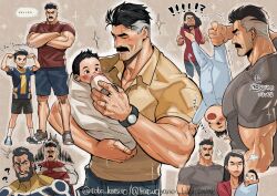 ! !! !? 1girl 3boys ? ?? ^^^ baby baby_bottle baby_carry bara beard black_hair blue_bodysuit bluesky_username blush bodysuit bottle brown_background cape carrying child closed_eyes debbie_grayson double_biceps_pose facial_hair family flexing full_beard grey_hair grey_shirt highres holding holding_bottle invincible_(series) jaw_drop mark_grayson mature_female mature_male medium_hair multiple_boys muscular muscular_male mustache nolan_grayson omni-man open_mouth puff_of_air red_bodysuit red_cape shirt short_hair surprised talking the_immortal_(invincible) tobo_katsuo twitter_username two-tone_bodysuit white_bodysuit yellow_bodysuit yellow_shirt