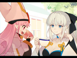 Rule 34 | 2girls, black bow, black dress, blue eyes, blush, bow, braid, breasts, button eyes, buttons, cleavage, cup, dress, fate/grand order, fate (series), food, french braid, grey hair, habetrot (fate), hair bow, hat, hood, hooded jacket, jacket, large breasts, long hair, long sleeves, macaron, meiji ken, morgan le fay (fate), multiple girls, pink hair, pink headwear, pink jacket, pointy ears, ponytail, red eyes, sidelocks, small breasts, smile, teacup, two-tone dress, very long hair, white dress, wide sleeves