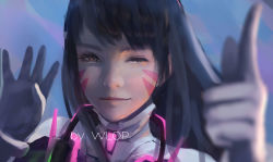 Rule 34 | 1girl, ;), artist name, black hair, blurry, bodysuit, close-up, closed mouth, d.va (overwatch), depth of field, eyelashes, facepaint, facial mark, gloves, long hair, looking at viewer, one eye closed, overwatch, overwatch 1, pointing, pointing up, realistic, smile, solo, whisker markings, white gloves, wlop