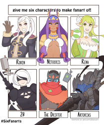 Rule 34 | 2boys, 4girls, absurdres, armor, artorias the abysswalker, blindfold, blue skin, blunt bangs, breasts, breasts apart, brown eyes, brown gloves, character name, cleavage, closed eyes, colored skin, dark skin, dark souls (series), dark souls i, elsword, english text, fate/grand order, fate (series), fire emblem, fire emblem awakening, full armor, gloves, grand archer (elsword), green eyes, green hair, hairband, hand up, highres, hyper light drifter, knight, large breasts, long hair, looking at viewer, multiple boys, multiple drawing challenge, multiple girls, nier:automata, nier (series), nintendo, nitocris (fate), open mouth, pointy ears, purple eyes, purple hair, rena erindel, robin (female) (fire emblem), robin (fire emblem), short hair, six fanarts challenge, smile, splashbrush, the drifter, upper body, white hair, 2b (nier:automata)