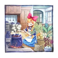Rule 34 | 10s, 1girl, 2016, :d, ^ ^, apron, artist name, asymmetrical bangs, bad id, bad pixiv id, basket, blue dress, boiling, border, bow, braid, carrot, closed eyes, cooking, cupboard, dated, dechimi, dress, dust, egg, floral print, food, full body, hair bow, hair over shoulder, herb, indoors, kitchen, ladle, long hair, onion, open mouth, original, plant, pot, red bow, seiza, shelf, short sleeves, sitting, smile, solo, spatula, spring onion, tomato, twin braids, vase, vegetable, very long hair, white border, window