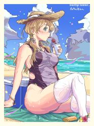 Rule 34 | 1girl, anchor hair ornament, aqua eyes, beach, blonde hair, blue sky, breasts, cloud, commentary request, commission, competition swimsuit, cooler, day, drinking, drinking straw, hair ornament, highres, horizon, kantai collection, long hair, looking at viewer, medium breasts, ocean, one-piece swimsuit, outdoors, prinz eugen (kancolle), profile, skeb commission, sky, solo, sweat, swimsuit, thighhighs, thrux, twintails, two-tone swimsuit, white thighhighs
