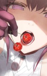Rule 34 | 1girl, absurdres, cherry, close-up, collared shirt, eating, film grain, food, from above, fruit, gloves, hidulume, highres, holding, holding food, honkai: star rail, honkai (series), kafka (honkai: star rail), looking at viewer, open mouth, pink eyes, pink gloves, pink hair, shirt, solo, teeth, white shirt