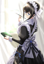 Rule 34 | 1girl, absurdres, alternate costume, arisugawa ya, bespectacled, black hair, blue eyes, book, breasts, brooch, closed mouth, commentary request, cowboy shot, curtains, enmaided, from behind, glasses, hair bun, high collar, highres, holding, holding book, holding paintbrush, idolmaster, idolmaster cinderella girls, idolmaster cinderella girls starlight stage, jewelry, juliet sleeves, charm (object), long sleeves, looking at viewer, looking back, maid, maid headdress, medium breasts, official alternate hairstyle, paintbrush, puffy sleeves, round eyewear, sagisawa fumika, single hair bun, solo, window