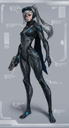Rule 34 | 1girl, blue eyes, bodysuit, breasts, closed mouth, commentary, expressionless, facepaint, full body, goggles, goggles on head, grey background, grey bodysuit, grey hair, headset, high ponytail, highres, holding, holding weapon, imdrunkontea, lips, long hair, medium breasts, metroid, nintendo, paralyzer, ponytail, redesign, samus aran, scarf, simple background, skin tight, solo, standing, turtleneck, weapon, zero suit
