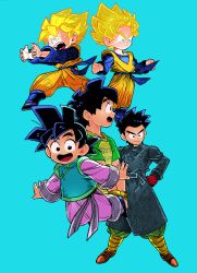 Rule 34 | 5boys, :d, age progression, alternate hairstyle, aqua background, aqua eyes, bitz777, black eyes, black hair, character name, child, chinese clothes, clothes writing, coat, dragon ball, dragon ball heroes, dragon ball xenoverse, dragonball z, flying, full body, gloves, hand on own hip, happy, long sleeves, looking at viewer, looking away, male focus, multiple boys, multiple persona, open mouth, outstretched arms, profile, red gloves, short hair, simple background, smile, son goten, spiked hair, spread legs, standing, super saiyan, super saiyan 1