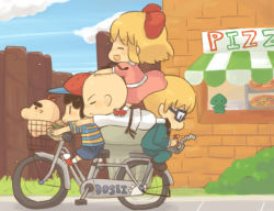 Rule 34 | 1girl, 3boys, :d, baseball cap, basket, bicycle, black hair, blonde hair, blue jacket, blue pants, bow, braid, building, burger, bush, child, cloud, day, doseisan, dougi, dress, fence, food, formal, gameplay mechanics, glasses, hair bow, hat, jacket, jeff andonuts, karate gi, long sleeves, mother (game), mother 2, multiple boys, multiple riders, ness (mother 2), nintendo, open mouth, outdoors, pants, paula (mother 2), pink dress, poo (mother 2), red bow, restaurant, riding, shirt, short hair, short sleeves, shorts, sidewalk, sky, smile, standing, standing on person, striped clothes, striped shirt, suit, t-shirt, tsutsuji, wooden fence