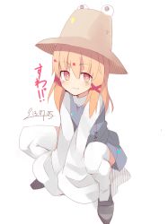 Rule 34 | 1girl, :3, blonde hair, dated, fuukadia (narcolepsy), hat, moriya suwako, red eyes, short hair, simple background, sleeves past wrists, smile, solo, squatting, thighhighs, touhou, white background, white thighhighs, wide sleeves