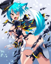 Rule 34 | 1girl, animal ears, arched back, asagi (bombergirl), ass, black footwear, blue hair, bombergirl, boots, breasts, exploding clothes, fang, from behind, hat, high heel boots, high heels, kuromitu66, large breasts, looking back, open mouth, panties, peaked cap, short hair, sideboob, solo, tail, tears, thigh strap, torn clothes, underwear, white panties, wince, wolf ears, wolf girl, wolf tail, yellow eyes