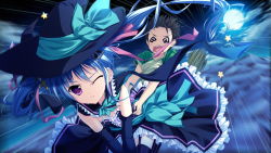 Rule 34 | 1girl, @ @, blue hair, cloud, elbow gloves, game cg, gloves, hair ornament, hat, long hair, luluna, magical marriage lunatics!!, moon, moonstone, night, purple eyes, thighhighs, twintails, wince, witch hat, yamakaze ran