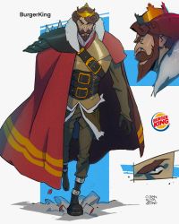 Rule 34 | 1boy, alt text, angry, armor, beard, brown hair, burger king, cape, commentary, coran stone, crown, english commentary, facial hair, full body, highres, logo, male focus, multiple views, mustache, shoulder armor, shoulder spikes, spikes, the king (burger king), walking
