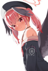 Rule 34 | 1girl, absurdres, bare shoulders, beret, black hat, black shirt, black wings, blue archive, blush, closed mouth, commentary request, feathered wings, from side, halo, hat, head wings, highres, koharu (blue archive), looking at viewer, looking to the side, low twintails, low wings, medium hair, off-shoulder shirt, off shoulder, pink eyes, pink hair, pink neckwear, red eyes, rindou ringdong, sailor collar, shirt, simple background, solo, twintails, wavy mouth, white background, white sailor collar, winged hat, wings