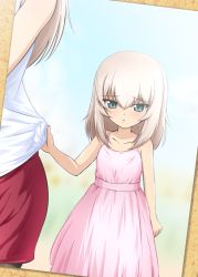 Rule 34 | 10s, 2girls, aged down, arm at side, bare shoulders, blush, collarbone, diesel-turbo, dress, expressionless, eyebrows, girls und panzer, green eyes, itsumi erika, long hair, looking at viewer, multiple girls, photo (object), pink dress, red shorts, shirt, shirt tug, shorts, sleeveless, sleeveless dress, solo focus, standing, tank top, white shirt