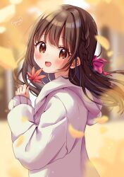 Rule 34 | 1girl, :d, artist name, autumn, black hair, blurry, blurry background, blush, bokeh, braid, brown eyes, depth of field, eyebrows hidden by hair, falling leaves, hair ornament, hair ribbon, hands up, head tilt, highres, holding, hood, hoodie, leaf, long hair, looking at viewer, maple leaf, open mouth, original, outdoors, own hands together, ribbon, sleeves past wrists, smile, solo, standing, sugutsuka rerun