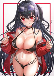 Rule 34 | 1girl, absurdres, ahoge, azur lane, bare shoulders, black-framed eyewear, black choker, black hair, black thighhighs, blush, breasts, character name, choker, cleavage, closed mouth, clothes writing, collarbone, cowboy shot, eyewear on head, highres, jacket, large breasts, long hair, long sleeves, looking at viewer, navel, off shoulder, official alternate costume, one side up, open clothes, open jacket, red eyes, red jacket, rothy (user cezn8425), smile, solo, stomach, sunglasses, taihou (azur lane), taihou (enraptured companion) (azur lane), thighhighs, two-tone background, very long hair, white background