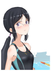 Rule 34 | 1girl, black hair, breasts, competition swimsuit, glasses, jyon, long hair, muroto aki, one-piece swimsuit, photokano, ponytail, pool, purple eyes, small breasts, solo, swimsuit, twintails