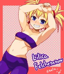 Rule 34 | 1girl, arcana heart, armpits, arms up, bike shorts, blonde hair, blue eyes, blush, breasts, cleavage, grin, highres, large breasts, legs, lilica felchenerow, looking at viewer, midriff, nalia, navel, pointy ears, smile, strapless, thighs, tube top, twintails, underboob