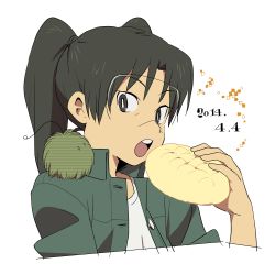 Rule 34 | 1girl, amasawa yuuko, black eyes, black hair, bread, dated, dennou coil, food, glasses, jacket, looking at viewer, looking to the side, melon bread, mojo (dennou coil), open mouth, pskymd, solo focus, teeth, twintails, white background
