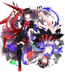 Rule 34 | 2girls, :d, absurdres, ahoge, arm up, arrow (symbol), asymmetrical hair, asymmetrical wings, bad id, bad pixiv id, black dress, black hair, black legwear, bow, bowtie, bracelet, crossed ankles, dress, frilled shirt collar, frills, full body, grey horns, highres, holding, holding weapon, horns, houjuu nue, index finger raised, jewelry, kijin seija, looking at viewer, looking away, multicolored clothes, multicolored dress, multicolored hair, multiple girls, open mouth, polearm, puffy short sleeves, puffy sleeves, red bow, red bowtie, red eyes, red footwear, red hair, sandals, sash, sheya, shoes, short dress, short sleeves, smile, streaked hair, thighhighs, touhou, trident, upside-down, weapon, white hair, wings, wristband, zettai ryouiki