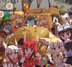 Rule 34 | 10s, 6+girls, :d, :o, ahoge, alcohol, alpaca ears, alpaca suri (kemono friends), animal ears, aqua hair, arm up, banner, beer, beer mug, black-tailed prairie dog (kemono friends), black gloves, black hair, black neckwear, black skirt, blonde hair, blunt bangs, bow, bowtie, breast pocket, brown eyes, cellien (kemono friends), chestnut mouth, claw pose, common raccoon (kemono friends), cup, cup ramen, day, donbee (food), donbei kitsune udon, drinking glass, elbow gloves, empty eyes, ezo red fox (kemono friends), fang, fennec (kemono friends), food, fox ears, fur-trimmed sleeves, fur collar, fur trim, gloves, green neckwear, grey eyes, grey hair, hair between eyes, hair bun, hair over one eye, hand on own hip, head wings, highres, holding, hood, hoodie, instant udon, jacket, japanese crested ibis (kemono friends), japari bun, japari symbol, kemono friends, kolshica, lantern, leaning to the side, long hair, long sleeves, looking at viewer, looking up, lucky beast (kemono friends), masu, miniskirt, mug, multicolored clothes, multicolored gloves, multicolored hair, multiple girls, necktie, nissin donbei, no gloves, open mouth, orange jacket, outdoors, paper balloon, paper lantern, photo background, pink skirt, pink sweater, pleated skirt, pocket, print gloves, print neckwear, print skirt, raccoon ears, red hair, savanna striped giant slug (kemono friends), scarlet ibis (kemono friends), serval (kemono friends), serval print, serval tail, shade, short hair, single hair bun, skirt, smile, snake tail, sweater, tail, tsuchinoko (kemono friends), white gloves, white hair, white neckwear, white skirt, wings, yellow eyes, yellow gloves, yellow neckwear