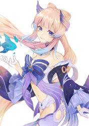 Rule 34 | 1girl, bare shoulders, blue bow, blue dress, blue hair, bow, commentary, cowboy shot, dress, frilled sleeves, frills, genshin impact, gloves, gradient hair, highres, karen ngao, long hair, long sleeves, looking at viewer, multicolored hair, navel, off-shoulder dress, off shoulder, pink hair, purple eyes, sangonomiya kokomi, short shorts, shorts, sidelocks, simple background, smile, solo, standing, stomach, thighs, white background, white gloves, white shorts, wide sleeves