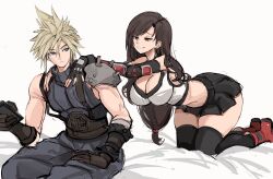 1boy 1girl black_gloves blonde_hair blue_eyes breasts brown_eyes brown_hair cleavage cloud_strife couple crop_top final_fantasy final_fantasy_vii fingerless_gloves gloves grin hands_on_another&#039;s_shoulders highres large_breasts long_hair looking_at_another lowered_eyelids lying microskirt on_back rakeemspoon seductive_smile simple_background skirt smile spiked_hair thighhighs tifa_lockhart very_long_hair