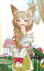 Rule 34 | 1girl, animal ear fluff, animal ears, arknights, bare shoulders, beanstalk (arknights), beanstalk (gift uncompleted) (arknights), bow, box, braid, brown eyes, brown hair, commentary request, dress, gift, gift box, green bow, green dress, green hairband, grey jacket, hair bow, hair ornament, hair over shoulder, hairband, hairclip, highres, jacket, long sleeves, metal crab (arknights), mouth hold, off shoulder, open clothes, open jacket, puffy long sleeves, puffy sleeves, single braid, sleeveless, sleeveless dress, sleeves past wrists, solo focus, star (symbol), star hair ornament, tail, yyboo