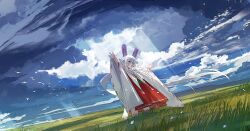 Rule 34 | 1girl, animal ears, axleaki, bird, cloud, cloudy sky, commentary, day, dutch angle, field, grass, highres, japanese clothes, landscape, light blush, light rays, long hair, long sleeves, miko, open mouth, original, outdoors, outstretched arms, petals, purple eyes, rabbit ears, scenery, sky, solo, standing, sunbeam, sunlight, thunder, white hair, wide shot, wide sleeves