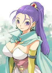 Rule 34 | 1girl, absurdres, blue cape, blush, breasts, cape, choker, cleavage, commentary request, corset, dragon quest, dragon quest xi, dress, earrings, elbow gloves, gloves, hair ornament, highres, jewelry, large breasts, long hair, muramasa mikado, ponytail, purple eyes, purple hair, senica (dq11), smile, solo, upper body, white dress, yellow gloves