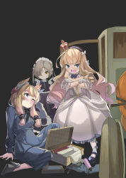 Rule 34 | 3girls, absurdres, azur lane, bare shoulders, black-framed eyewear, black background, black footwear, blonde hair, blue eyes, blush, book, bow, brown hair, carriage, closed mouth, cosmetics, crossed arms, crown, dress, drill hair, fang, glasses, gloves, hair bow, hair over one eye, hairband, high heels, highres, light smile, lipstick tube, long hair, looking at another, looking at viewer, maid, maid headdress, mary janes, mini crown, multiple girls, open mouth, purple eyes, queen elizabeth (azur lane), sakurami sumi, sheffield (azur lane), shoes, sidelocks, simple background, sitting, standing, suitcase, v-shaped eyebrows, very long hair, warspite (azur lane), white bow, white dress, white gloves, white legwear