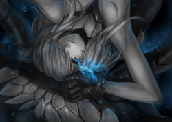 Rule 34 | 10s, 1girl, abyssal ship, blue eyes, gloves, glowing, glowing eye, hair over one eye, kaizeru, kantai collection, long hair, looking at viewer, lying, on back, silver hair, solo, wo-class aircraft carrier
